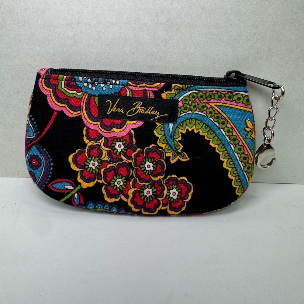 Vera Bradley Clip Zip ID "Symphony in Hue" Coin Purse Wallet Keychain Black EUC